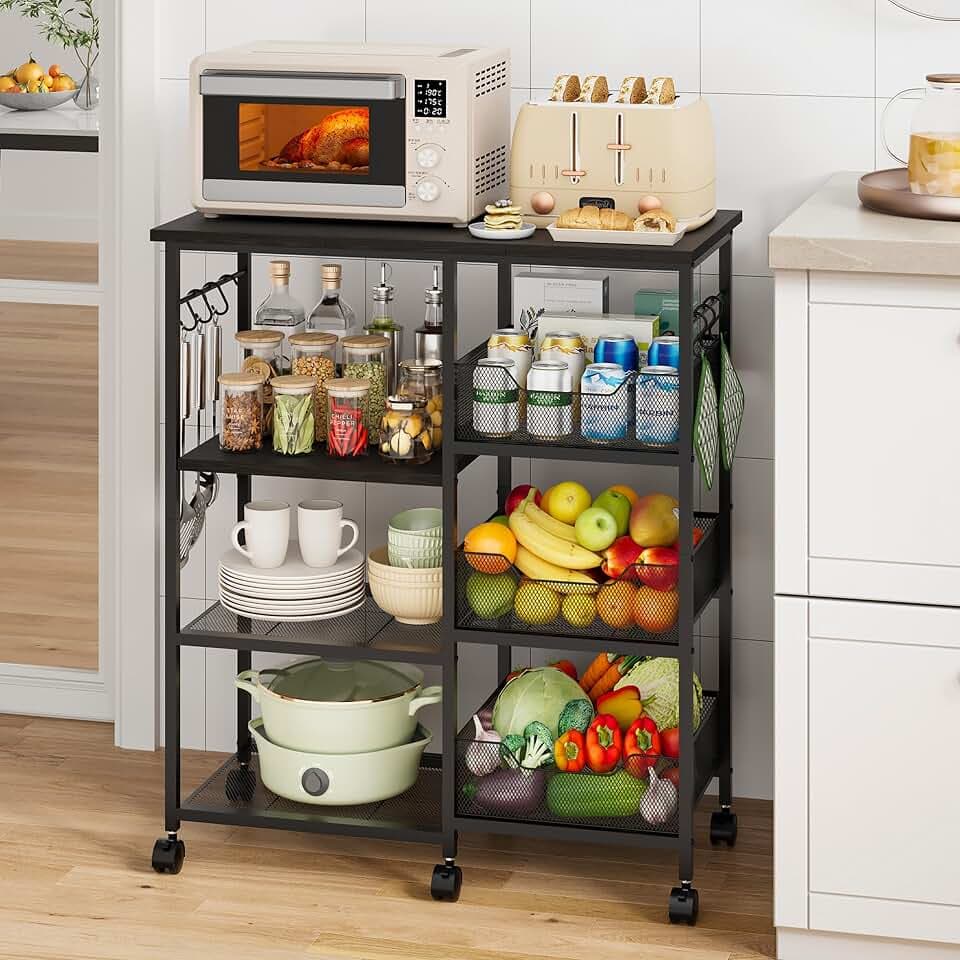 HapiRm Rolling Kitchen Carts with Storage - Microwave Table Stand with 6 Hooks & 3 Baskets, kitchen Island Cart on Lockable Wheels, 28.3" L × 14.6" W Bakers Rack Cart for Dining Room Coffee Bar Office