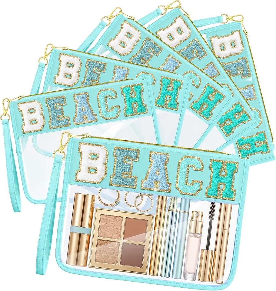 Kacctyen 6 Pcs Beach Bags Chenille Letter Clear Makeup Bag with Zipper Waterproof Cosmetic Toiletry Pouch with Handle Gym Travel Summer Gifts for Women Girls (Light Blue, Beach)