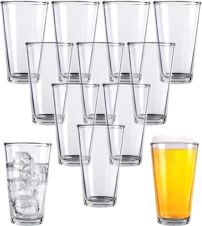Kitchen Lux Pint Beer Glasses Set of 12 (16oz) Tall Clear Drinking Glasses