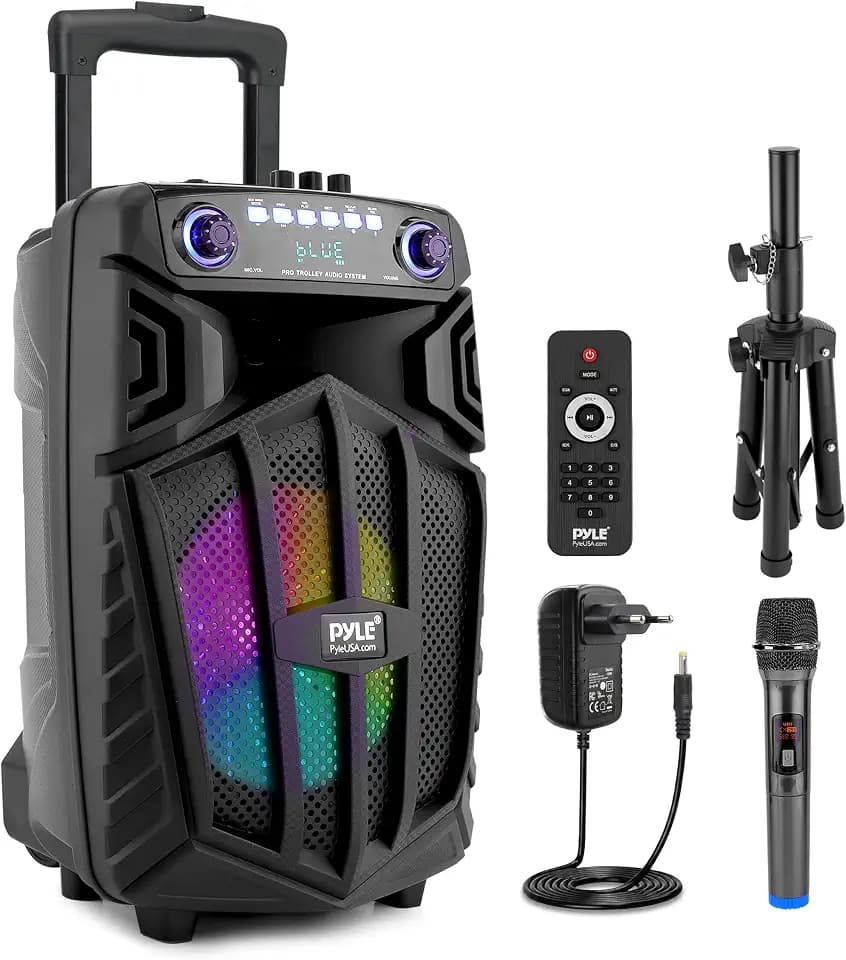 Pyle Tragbarer Bluetooth-Lautsprecher, 880 W, wiederaufladbarer Lautsprecher für Karaoke-Partys im Freien, Audio-System mit kabellosem Mikrofon und Rädern, TWS, Partylichter