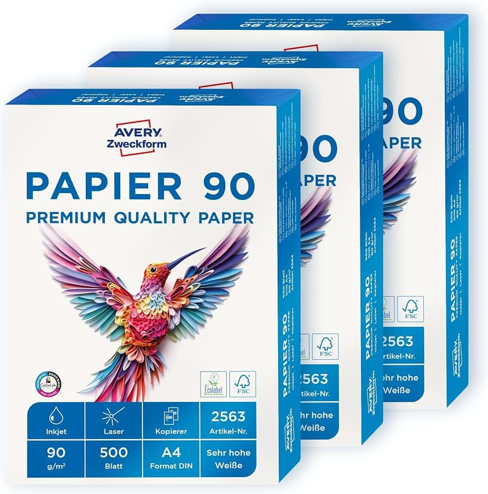 AVERY Zweckform 2563 Drucker-/Kopierpapier (1.500 Blatt, 90 g/m², DIN A4 Papier, hochweiß, für alle Drucker) 1 Box mit 3 Pack