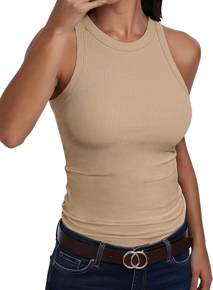 ANRABESS Womens Summer High Neck Racerback Ribbed Slim Fit Tank Tops
