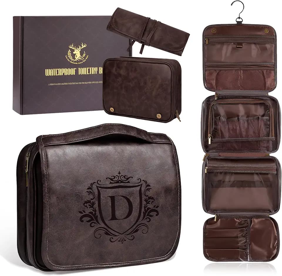 Laser-Engraved Initial 3-in-1 Hanging PU Leather Travel Toiletry Bag