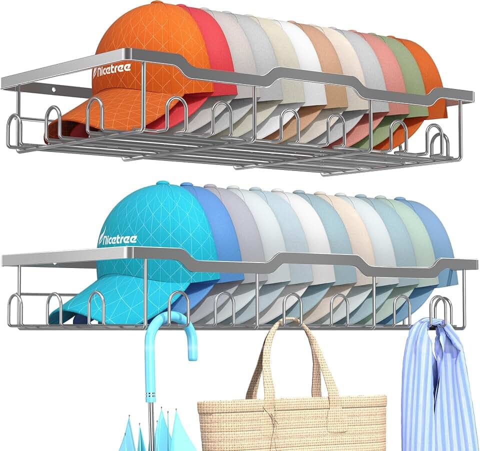 Nicetree Hat Racks for Baseball Caps Wall - Metal Hat Organizer for 48 Baseball Caps Holder, 2 Pack Hat Storage Organizer for Closet, Bedroom, Living Room