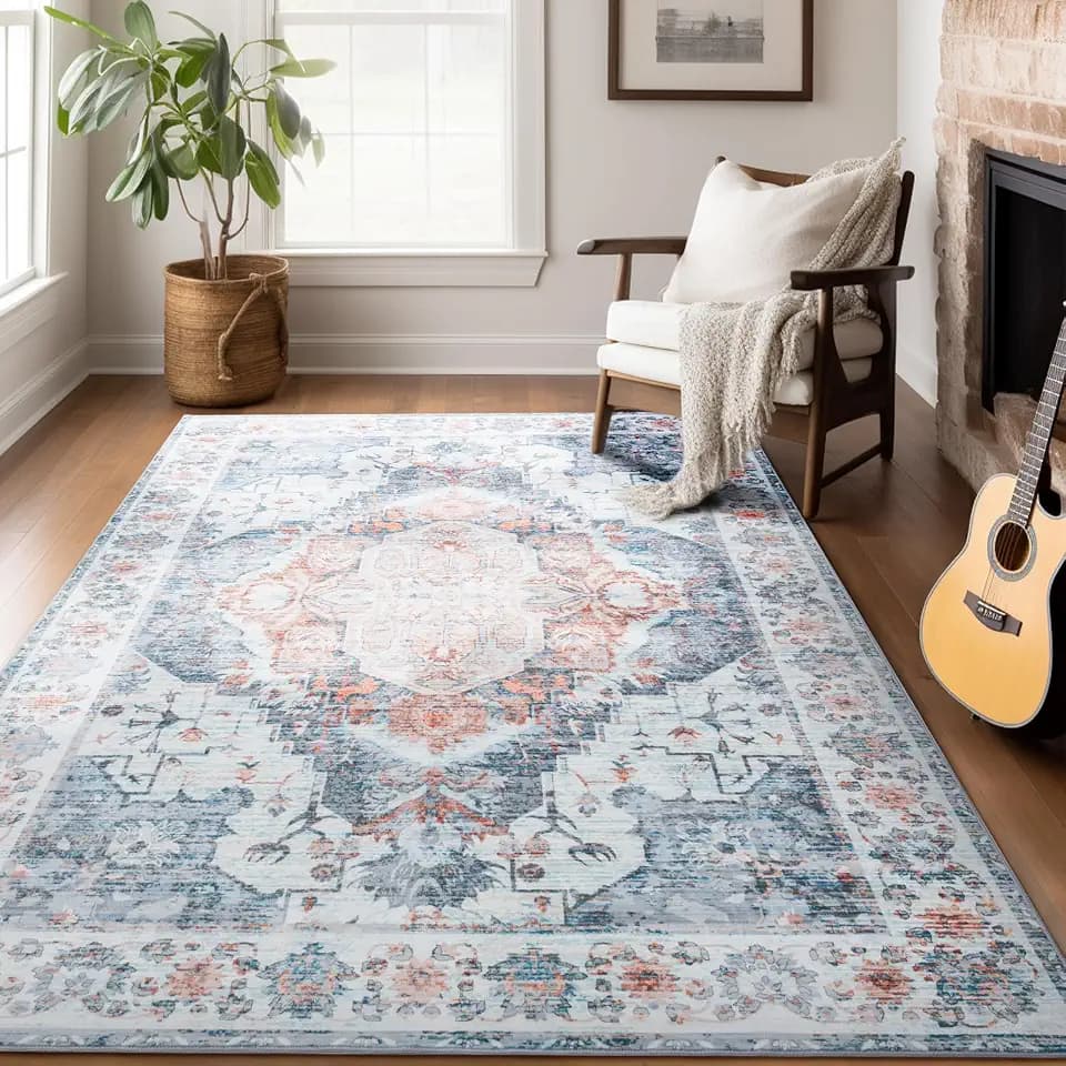 CRYPTOLITE 5x7 Washable Rug – Boho Non-Slip Indoor Area Rug for Living Room, Bedroom, Dining Room, Entryway –Muted Blue and Rust Distressed Pattern