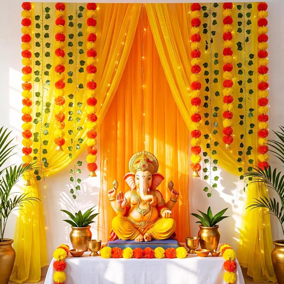 Irenare Indian Pooja Backdrop Navratri Decor, Yellow and Orange, Indian