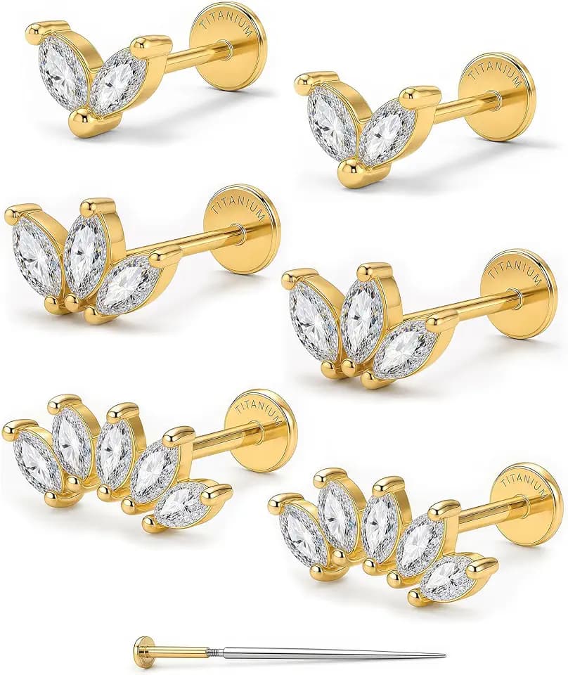 YACHY 2/3PCS G23 Titanium Flat Back Stud Earrings, Internally Threaded Screw-On Hypoallergenic Body Piercing Jewelry for Everyday Wear, Tragus Helix Conch Monroe Medusa Lip, 18G 6mm 8mm