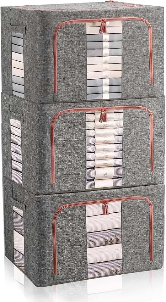 3 Stück Kleideraufbewahrung Box, Kleiderschrank Organizer Faltbar Aufbewahrungsbox mit Metallrahmen und 2 Fenster, Aufbewahrungstasche für Kleidung, Bettdecken, Decken, Bettwäsche, Grau(22L)