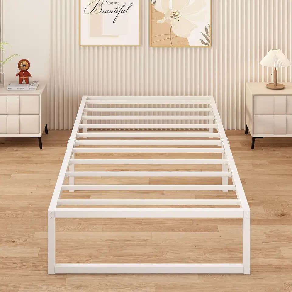 Yicensen Metallbett 90x190 cm mit Lattenrost, 36cm Höhe, Weiß
