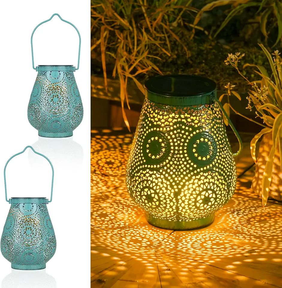 JOYCREATOR Solarlaterne für Außen 2 Stück, Marokkanische Solarlampen für Außen Garten Hängend/Stehen, IP65 Wasserdicht Solar Laternen Outdoor für Balkon Terassen Wand Tisch Weihnachtsgeschenke(Türkis)