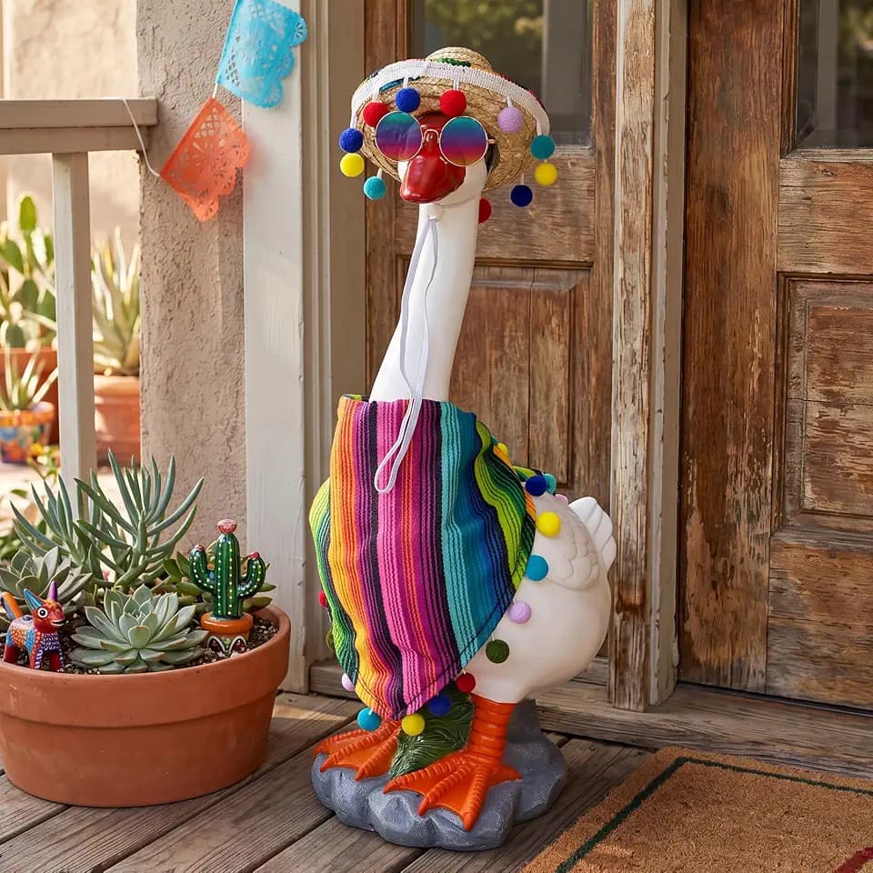 Porch Goose Outfit, 20" Resin Garden Statue for Summer Lawn Desk