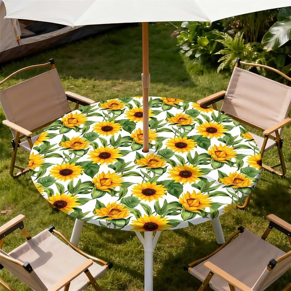Round Outdoor Tablecloth with Umbrella Hole, Zippered Fitted Waterproof Tablecover with Elastic Edge Fits 32"-36" Round Tables for Patio Picnic Garden Camping Party, Sunny Sunflower Pattern