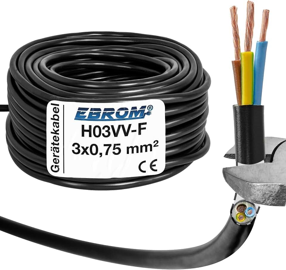 EBROM Schlauchleitung Gerätekabel -RUND- H03VV-F 3x0,75 mm², schwarz, 10 m