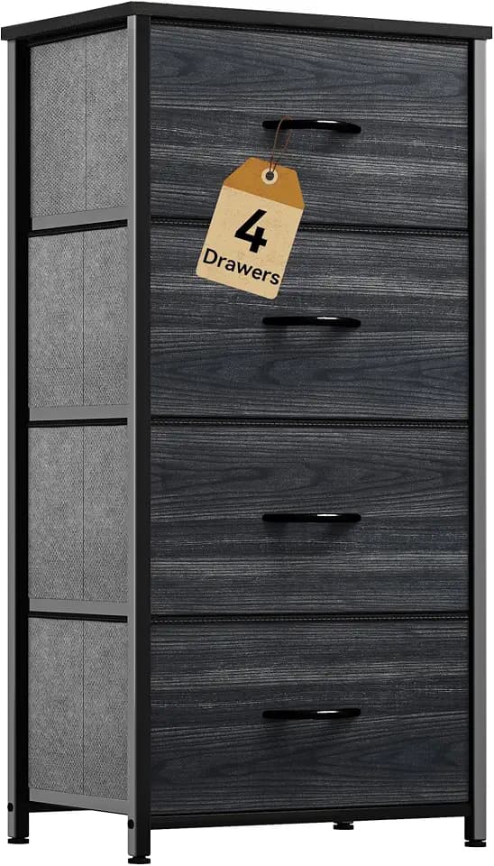 DWVO Kommode mit 4 Schubladen, Schrank aus Stoff mit Griffen, Metallgestell & MDF-Holzplatte, langlebig, für Schlafzimmer & Wohnzimmer,Schwarze Holzmaserung