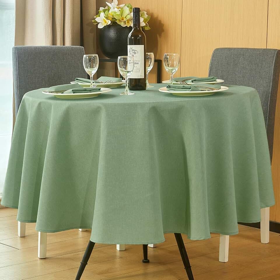 Mebakuk Round Table Cloth Linen Farmhouse Tablecloth Waterproof Anti-Shrink Soft and Wrinkle Resistant Decorative Fabric Table Cover for Kitchen (Sage Green, 70" Round (4-6 Seats))