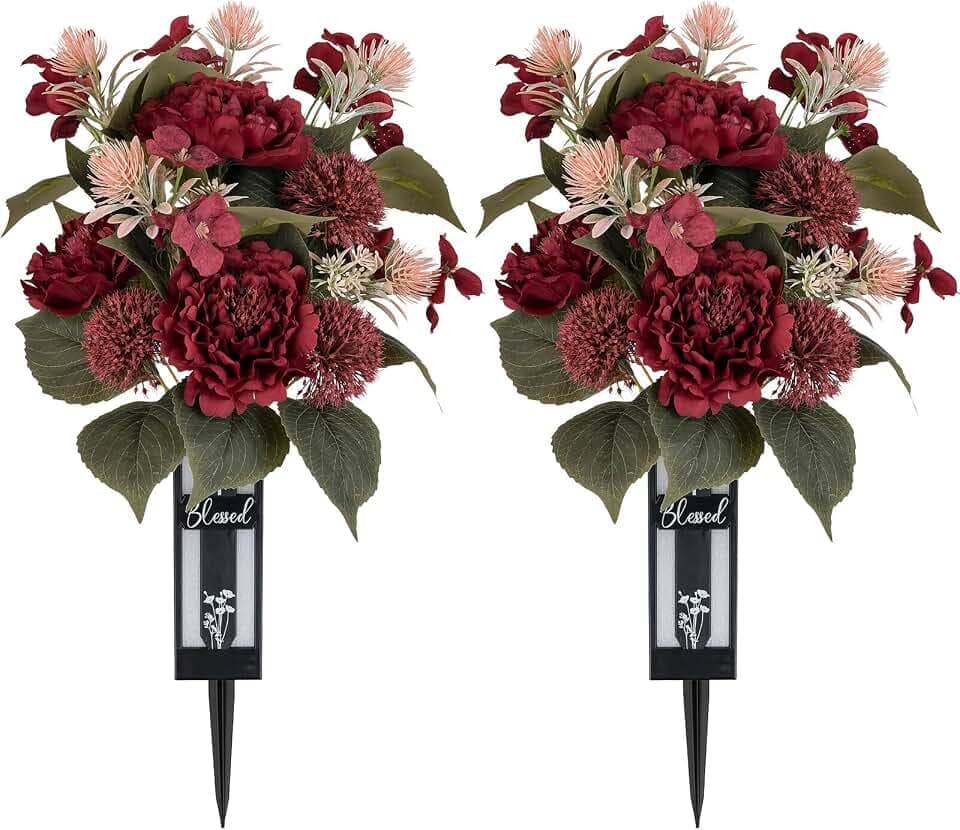 Cemetery Flowers for Fall Grave Decorations: 2 Pcs, Red