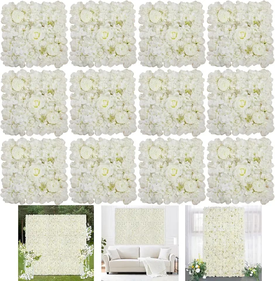 Fanqisi White Flower Wall Backdrop 15x15 Inches: 12 Packs 3D Floral Rose Wall Panels - Wedding Party Event Background Decorations