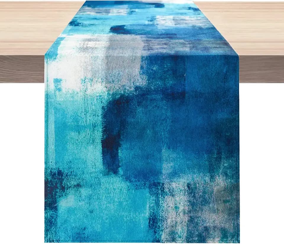 Turquoise Table Runner Teal Abstract Modern Art Painting Blue Table Linen for Farmhouse Kitchen Dining Parties Home Decor 13 x 108 Inch
