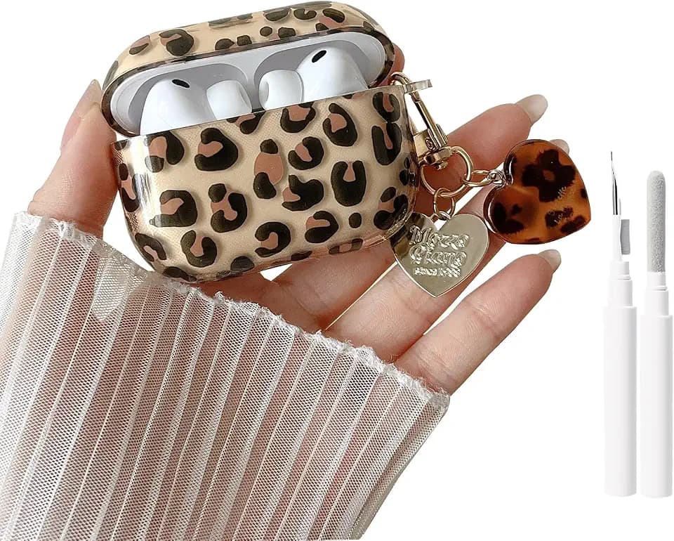 MINSCOSE for AirPods Pro 3rd Generation Case (2025) with Cleaner Kit,Cute Glitter Leopard Pattern Aesthetics Design with Trendy Heart Shaped Keychain for Girls Women for AirPods Pro 3-Gold