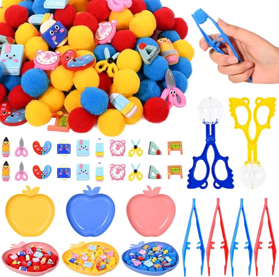 Sanixn 182 Pcs Back to School Sensory Bin Fillers School Fine Motor Skills Sensory Bin Item Pompoms Cups Tweezers Scissor Clips for Preschool Education Activities Sorting Counting