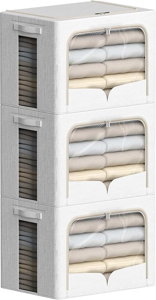 FHSQX 3 Pack Clothes Storage Bins Foldable Metal Frame Storage Box Stackable Linen Fabric Container Organizer Set with Carrying Handles and Clear Window (Cream White, 15.7x11.8x11.8inch(36L))