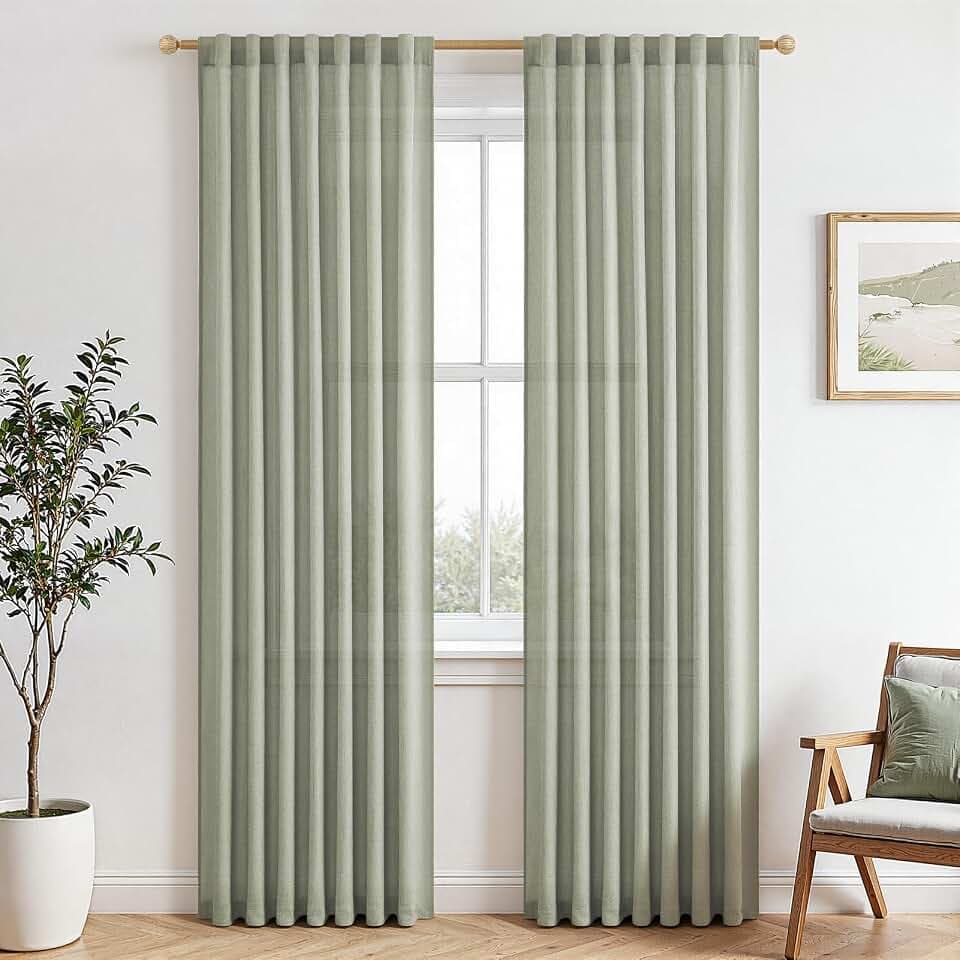 MRTREES Voile Gardinen Grün Leinenoptik Halbtransparent für Wohnzimmer Schlafzimmer 2er Set H 230 x B 140 cm, Landhaus Vorhang Salbeigrün mit Verdeckten Schlaufen Curtains Living Room
