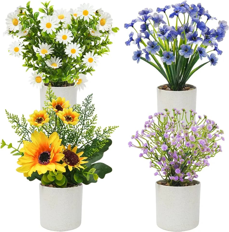 4 Packs Small Artificial Flowers in Pot, All-in-One Floral Decor,Colorful
