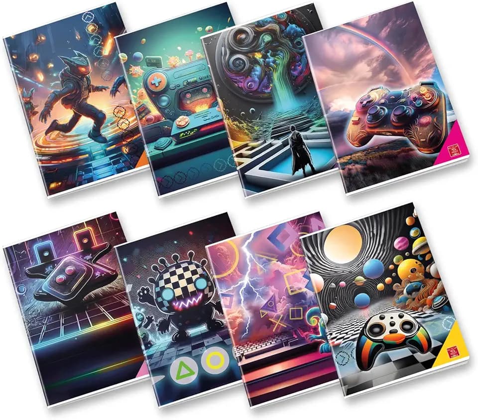 Pigna, Maxi Electronic Games Notizbuch, A4 21x29,7 cm, 80 Seiten + Bleirand, 80 g/m² Papier, innen 1R, Mittel- und Oberstufenlineale, sortierte Einbände, 10 Stück