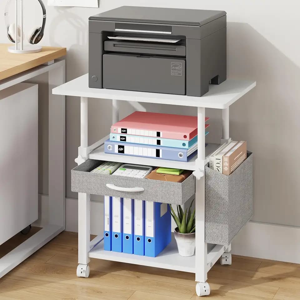 3-Ebenen Druckertisch Höhenverstellbar mit Rollen, Mobiler 56x38cm
