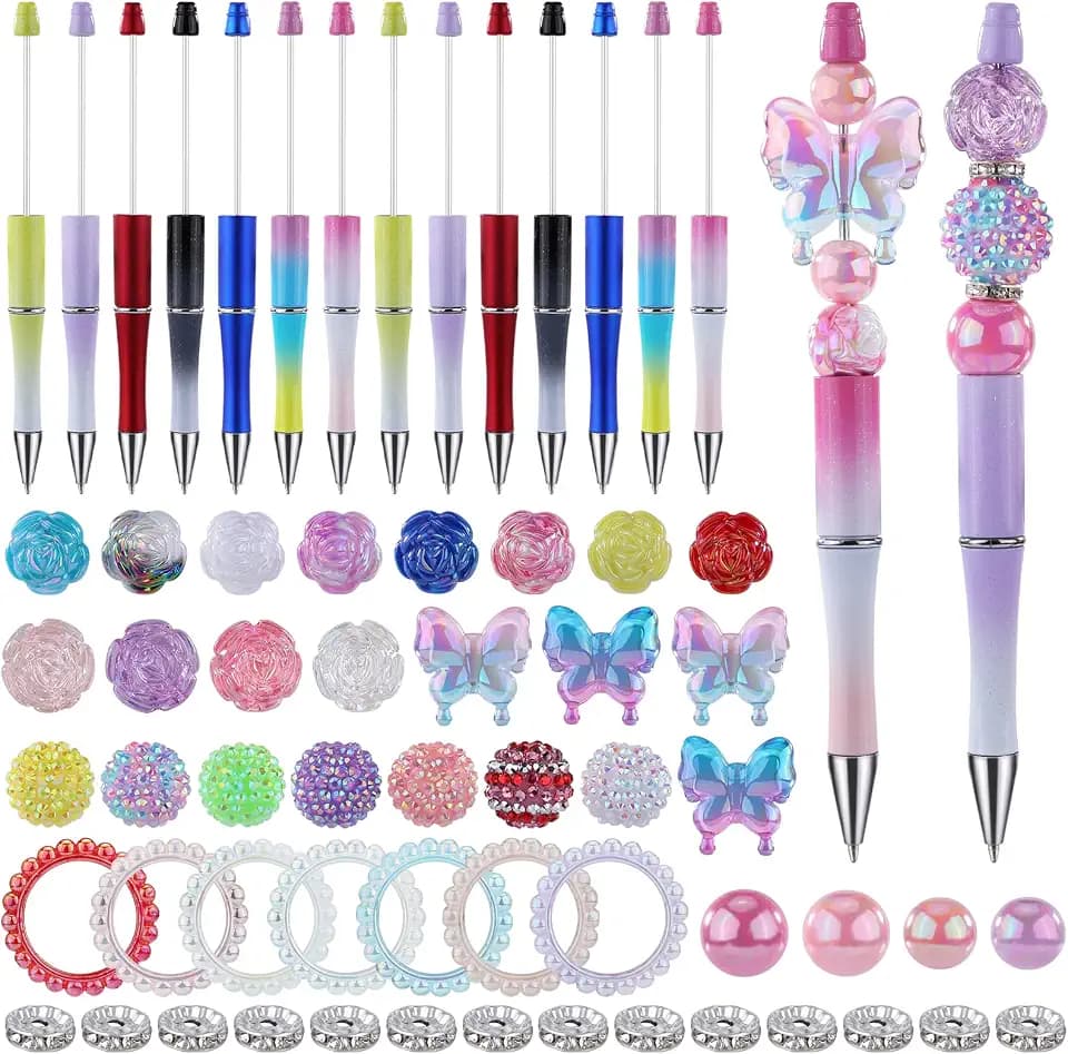 14 Pcs Beadable Pens Kit Pen Making Kit with Beads Cute Acrylic Butterfly Resin Beads Beaded Pens Supplies for Schools Office Gift