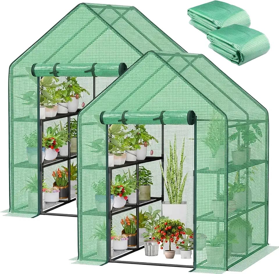 Frienda 2 Pack Walk in Greenhouse Replacement Cover, 56 x 56 x 76 PE Gardening Greenhouse Cover with Roll Up Zipper for Outdoor Cold Frost Protection Rain Wind Proof (Frame Not Included) (Green)