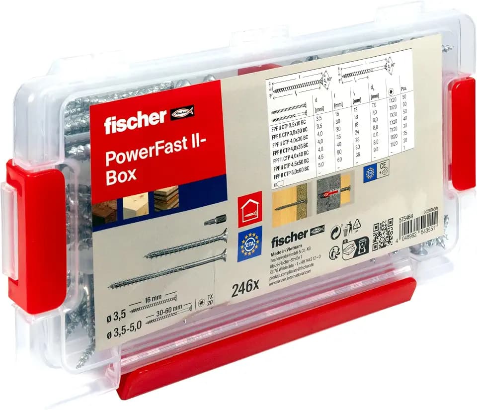 fischer PowerFast II Schrauben-Sortimentsbox, 245 Stück, inkl. Bit TX20