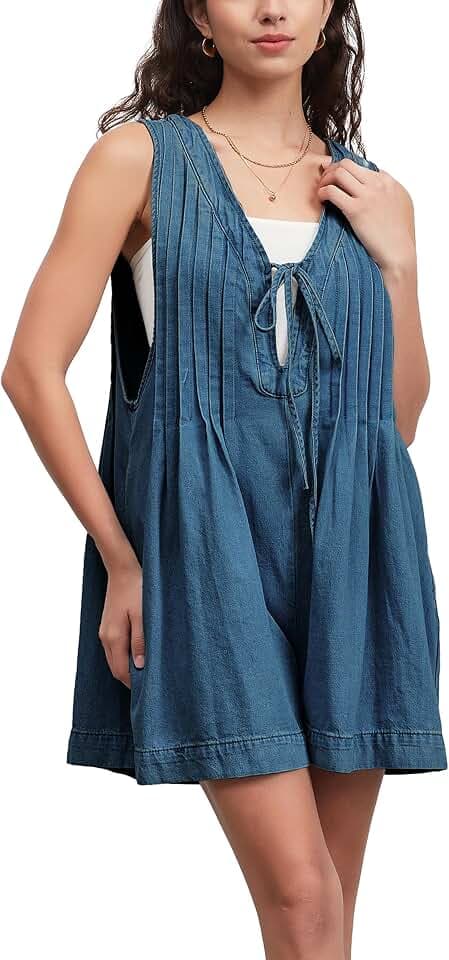 D-Sun Women Summer Sleeveless Denim Romper Casual V Neck Tie Front Ruffled Denim Short Overall Jumpsuit with Pocket