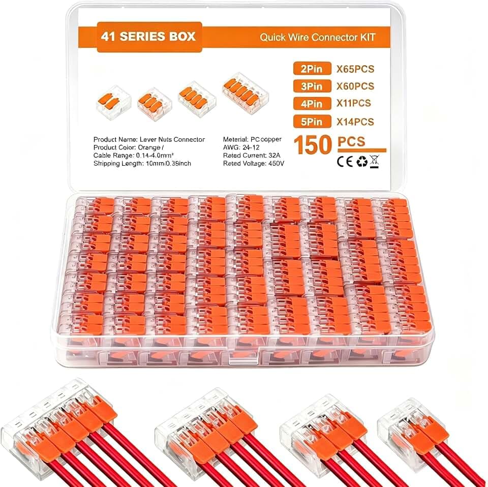 150 Stück Kabelklemmen Elektro, Kabelverbinder 2 Polig, 3 Polig, 4 Polig, 5 Polig, Klemmen Elektro mit Betätigungshebel, Kabel Verbindungsklemme 0.14-4mm² Leiter Klemme für Feste Kabe 2-5 Leiter