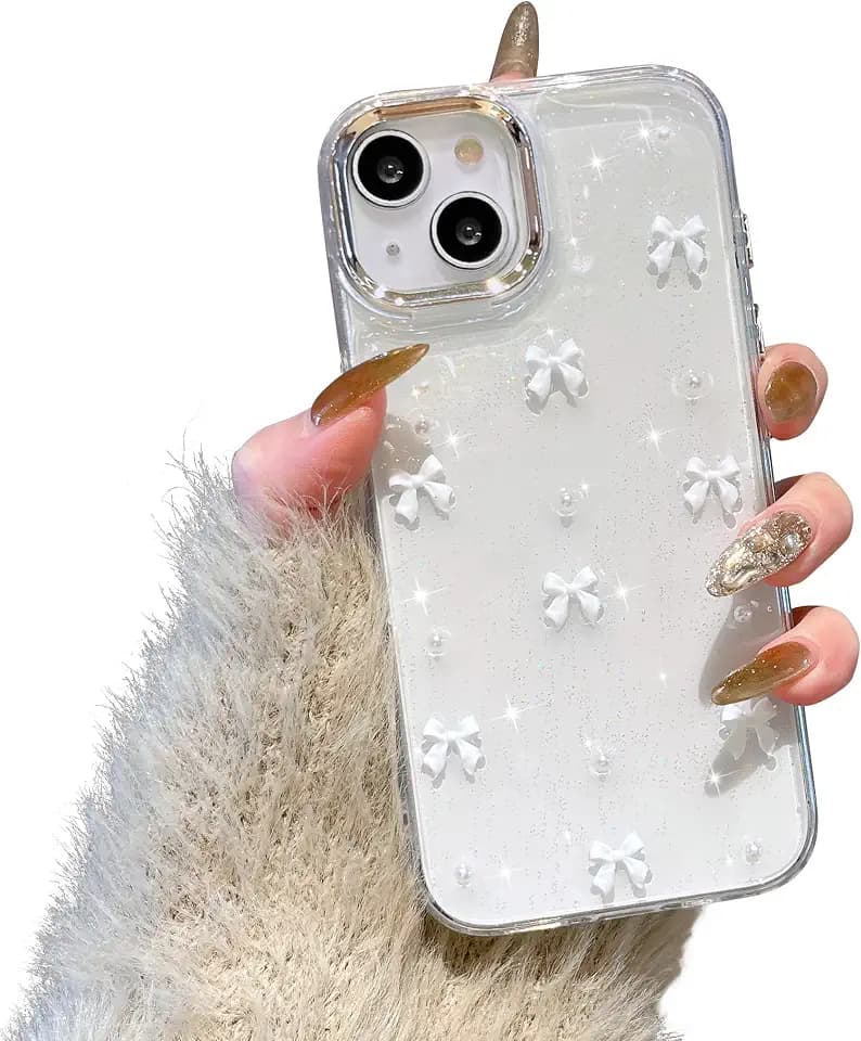 EYZUTAK Case for iPhone 15, Cute Bling Glitter 3D Bowknot Case, White Bow