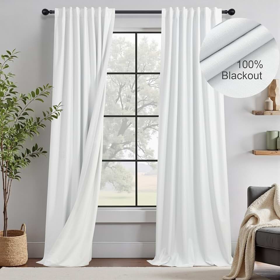 White Black Out Curtains 96 Inches Long for Bedroom 2 Panel Back Tab 100% Blackout Linen Retro Vintage Curtain Farmhouse Living Room Viral Coastal Drapes for Nursery Girls Boys Thermal Insulating 8ft