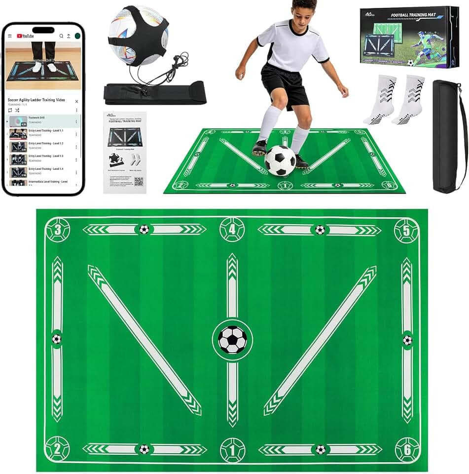 MoKo 90×60 cm Fussball Matte mit Video, Fußball-Trainingsgerät zur Verbesserung von Kraft, Beweglichkeit und Koordination, Tragbare Leise Fußarbeit-Matte, Geschenk für Spieler