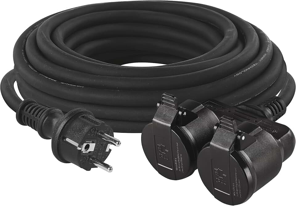 EMOS - IP44 Verlängerungskabel 25m - 2 Schuko-Steckdosen - wasserdicht, schlagfest, hitze- & kältebeständig - 230 V, 16 A, 3680 W - Gummi-Isolierung - H05RR-F3G 1,5 mm2 - für Außenbereich - schwarz