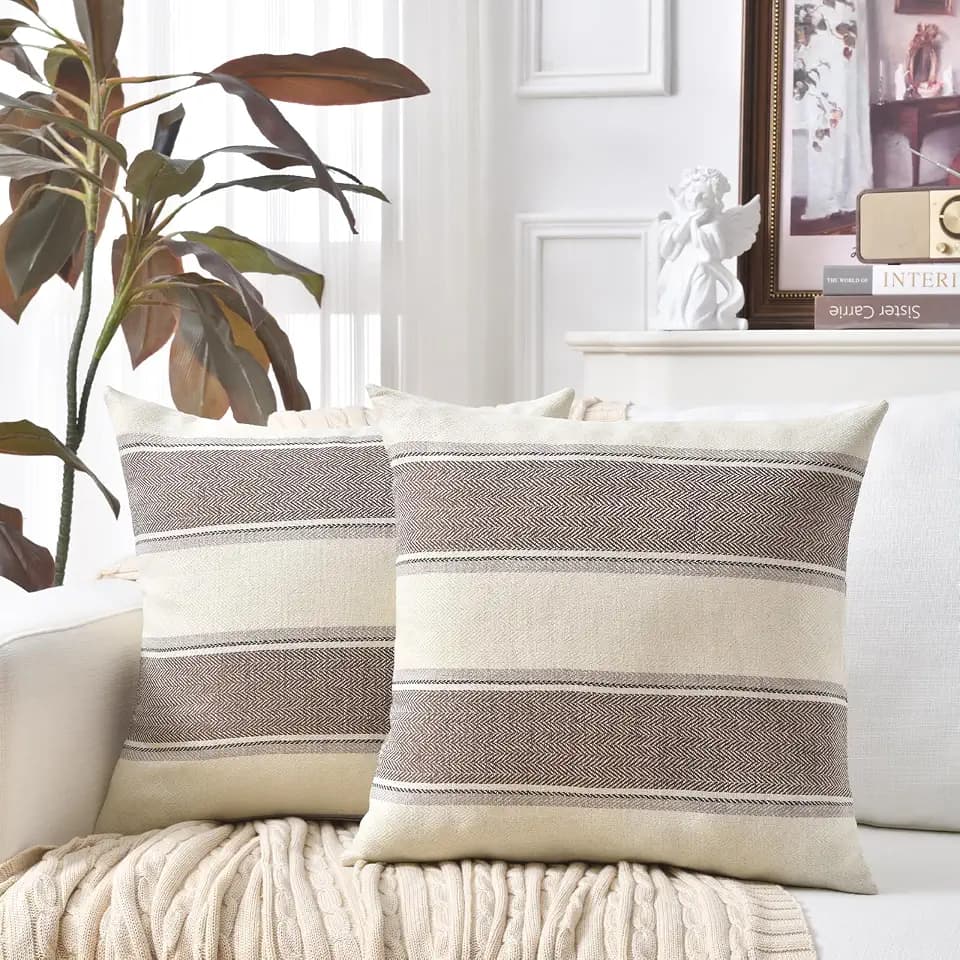 AmHoo Pack of 2 Farmhouse Linen Throw Pillow Cover Cushion Stripe Decoration Buffalo Retro Pillowcase with Hidden Zipper for Sofa Bedroom Car 18 x 18 Inch Brown