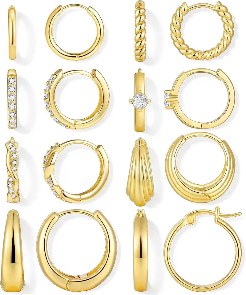 8 Pairs Gold Hoop Earrings Set for Women, 14K Gold Plated