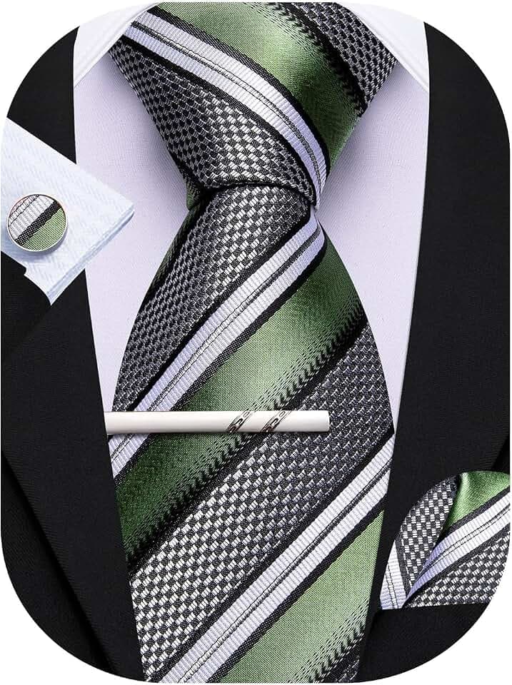 Barry.Wang Gestreifte Krawatte mit Krawattenklammer für Herren, Seidenkrawatte, Einstecktuch, Manschettenknöpfe, Set, formell, Business, Hochzeit, Party
