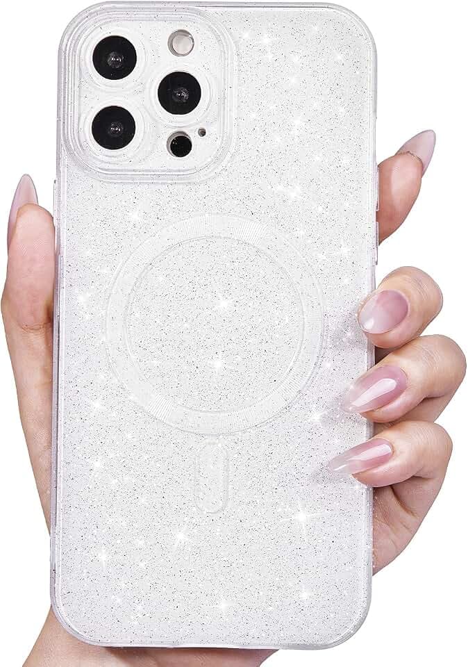 Svanove Glitter Case for iPhone 15 Pro Max Phone Case Magnetic Compatible with Magsafe, Sparkle Bling Shiny Sparkly Cute Girly Design, Trendy Aesthetic Hard Mag Cover for Women Girls, White
