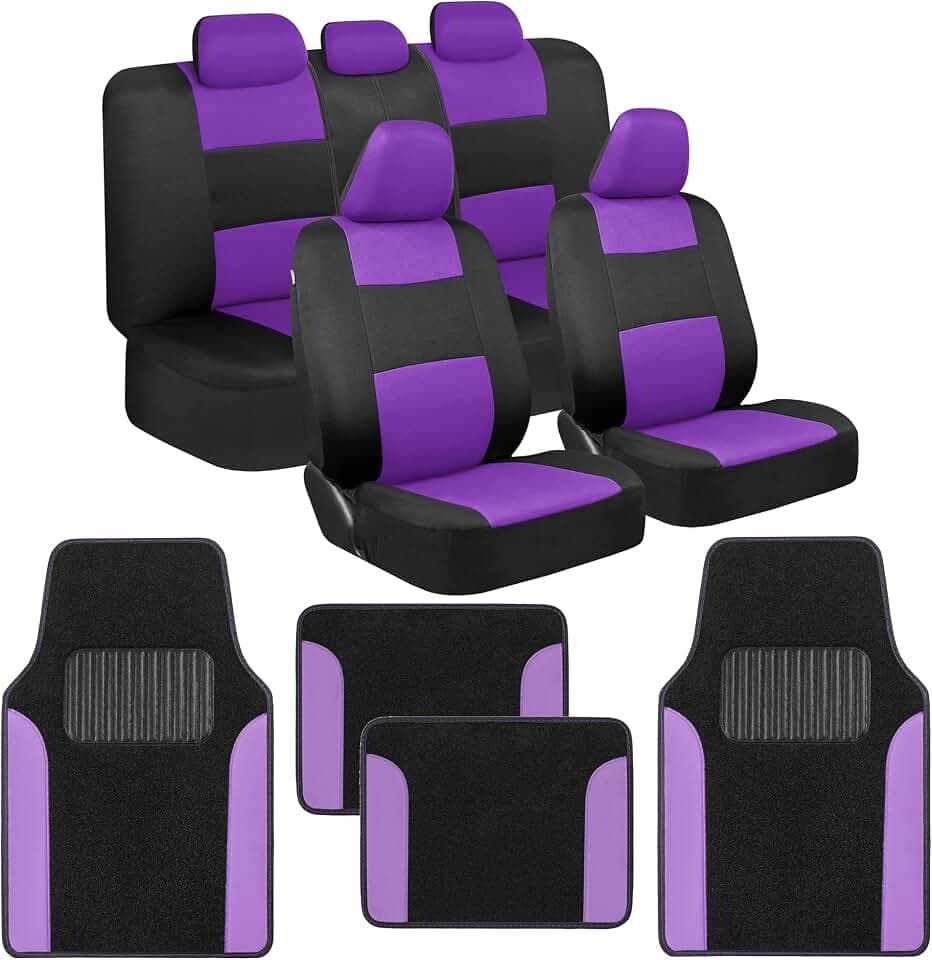 BDK PolyPro Purple Car Seat Covers Full Set with 4-Piece Car Floor Mats - Two-Tone Fits Most Seat Covers for Cars with Carpet Floor Mats, Seat Protector Interior Accessories for Auto Truck SUV