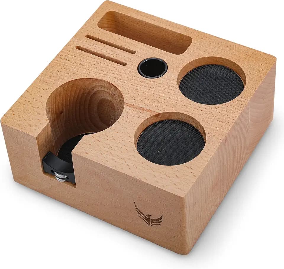 KNODOS Espresso Tamperstation 54mm Buchenholz für Sage Barista Express, Pro, Touch, Bambino Plus – 7-Fach Barista Zubehör Organizer mit Siebträgerhalter