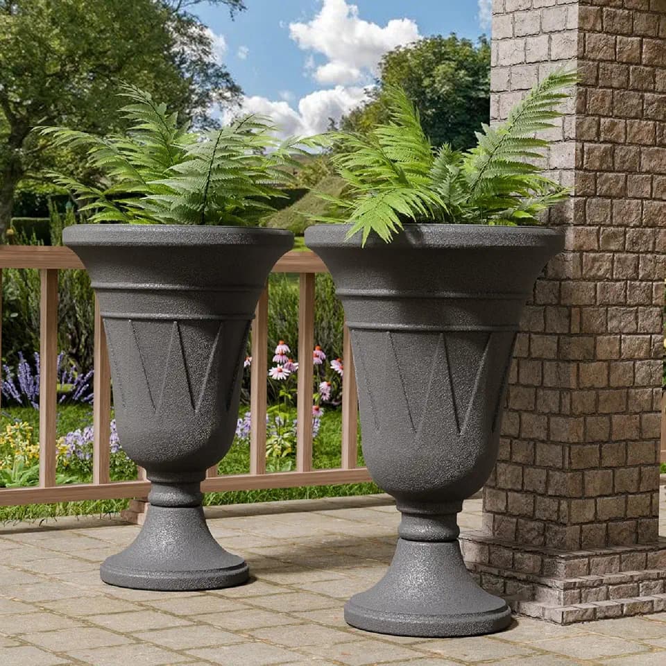 Tall Plastic Urn Planters and Pedestal - 24" Outdoor Planter Grey