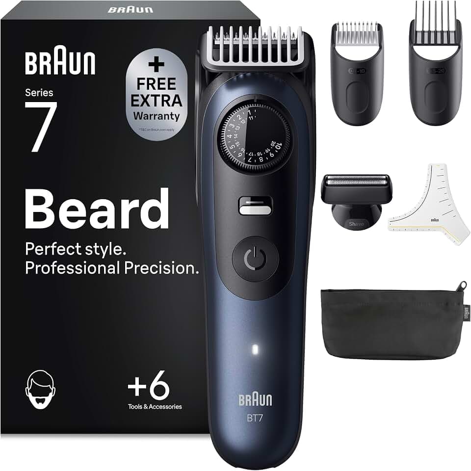 Braun Barttrimmer Series 7, Kabelloser Bartschneider Herren, BT7520, Blau