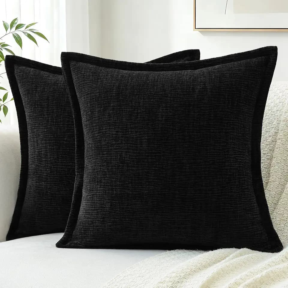 OTOSTAR Couch Throw Pillow Covers 16x24 Inch Black Soft Chenille Solid Dyed Pillow Covers with Stitched Edge Farmhouse Decorative Cushion Cases for Living Room Sofa Home Decor, Pack of 2