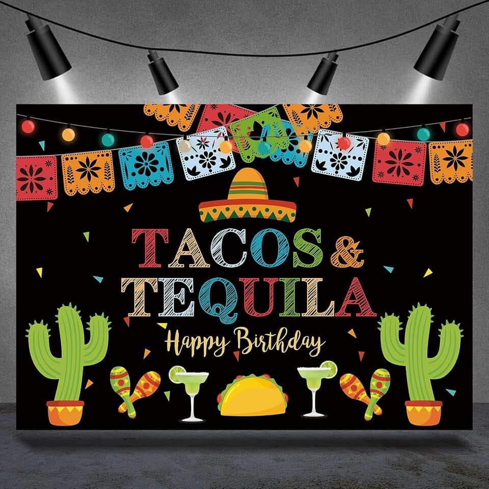 Mexican Fiesta Backdrop Happy Birthday Tacos and Tequila Colorful Lights Background Drop Cinco De Mayo Backdrop for Pictures Birthday Party Mexican Decorations Banner Photo Booth Props 7x5ft
