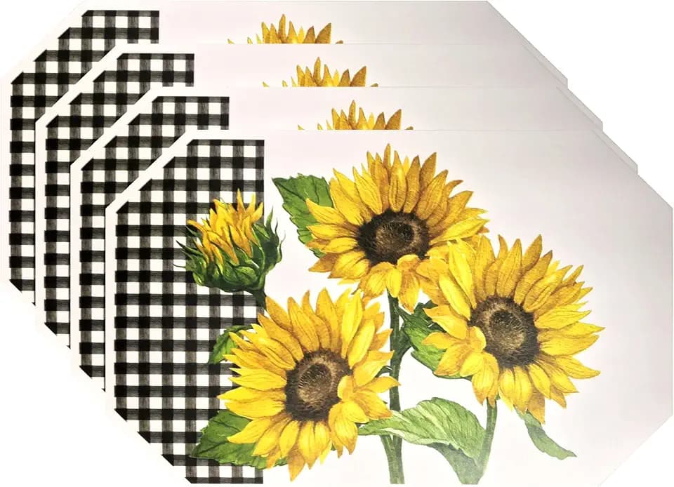 Pack of 4 Durable Placemat Set 12"x18" Deluxe Vinyl Latest Decoration Patterns Non-Slip Foam Ease Wipes Clean (Sunflower)