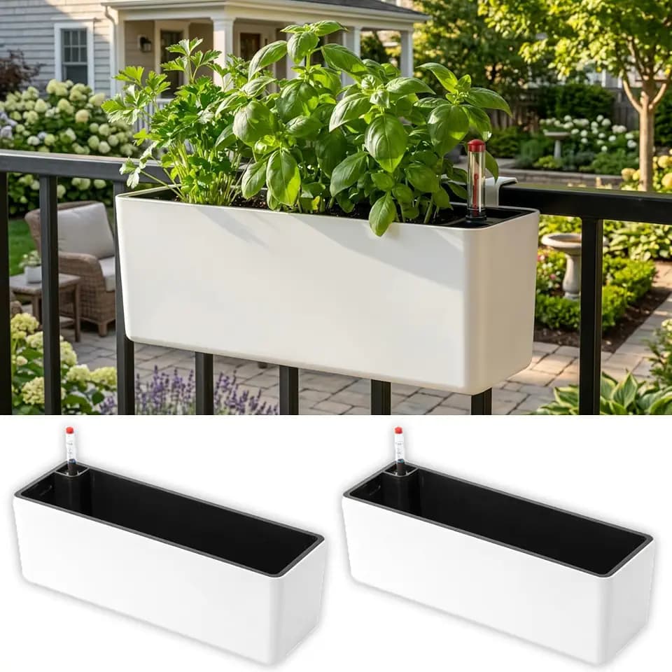 LaLaGreen Flower Boxes for Railings (16in, 2 Pack) White Rectangular